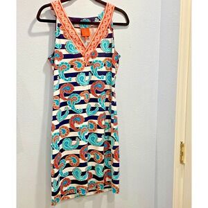 Tracy Negoshian Navy Stripe Paisley Print Sleeveless Sheath Dress V-Neck Size S